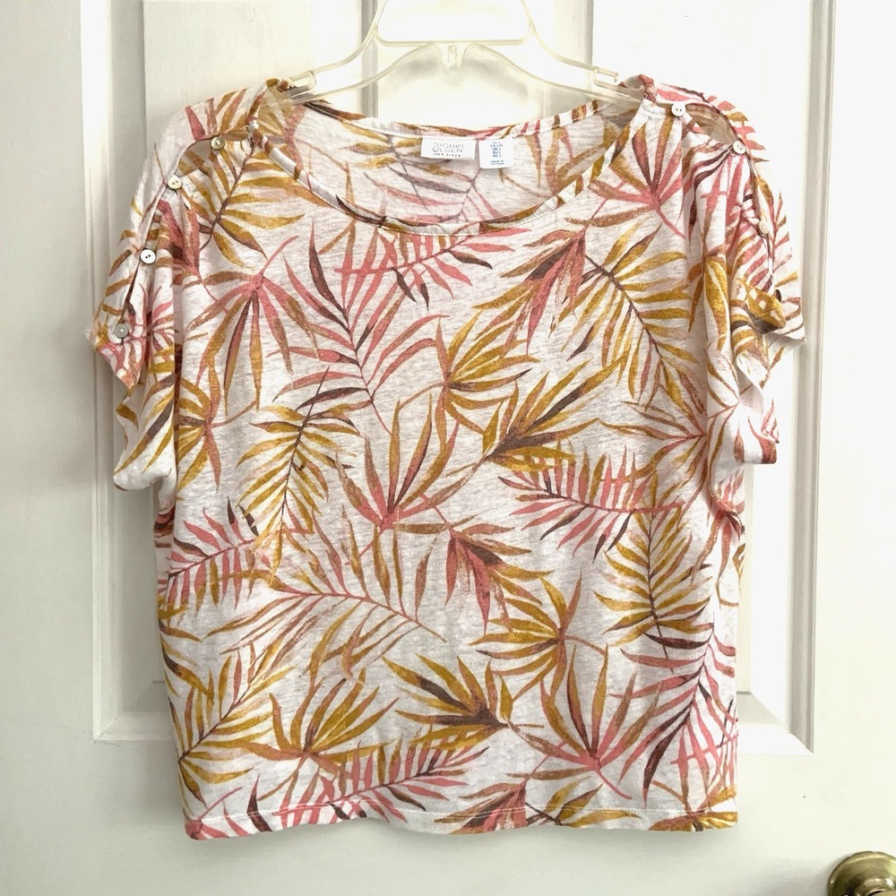 Sigrid Olsen Round Neck Linen T-Shirt Palm Leaf Floral Print button shoulder L